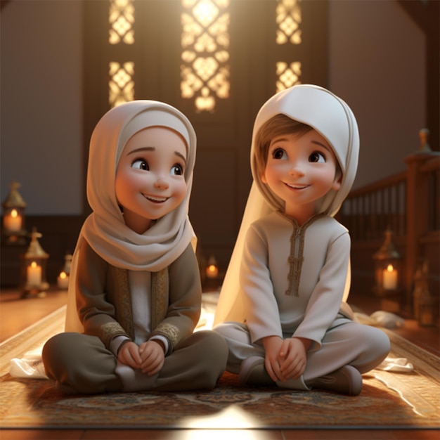 Happy 3D Muslim kids smiling