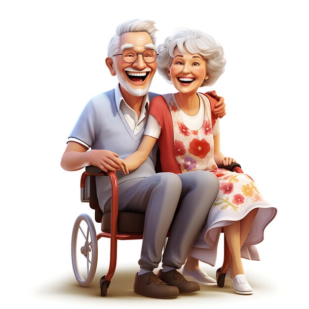 Happy 3d senior man pushing woman in wheelchair