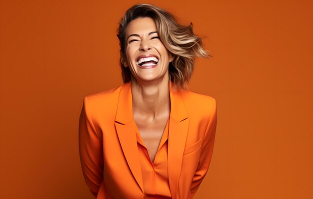 happy 40 years old businesswoman who is smiling and laughing wearing bright clothes orange backgroun