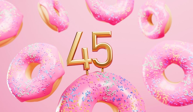 Photo happy 45th birthday celebration background with pink frosted donuts 3d rendering