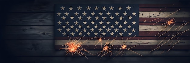 Foto felice 4 luglio bandiera americana su struttura rustica in legno vintage con stelle filanti e fuochi d'artificio ai gene