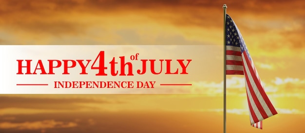 Foto felice 4 luglio giorno dell'indipendenza testo e bandiera usa america sul cielo nuvola al tramonto rendering 3d