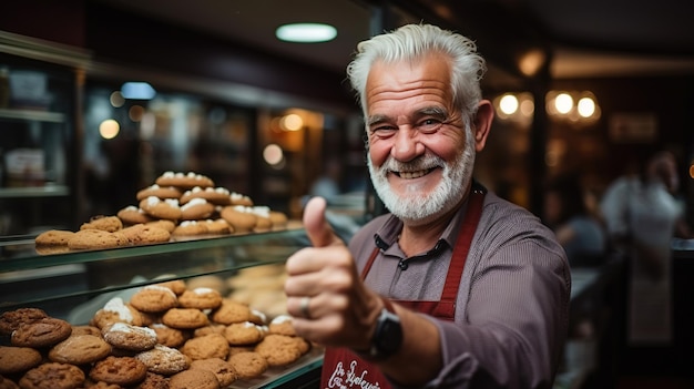 写真 パン屋でクッキーと親指を上げるジェストをしているひげを生やした幸せな50歳の男性