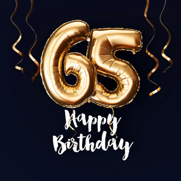 Happy 65th Birthday gold foil balloon background with ribbons 3D Render