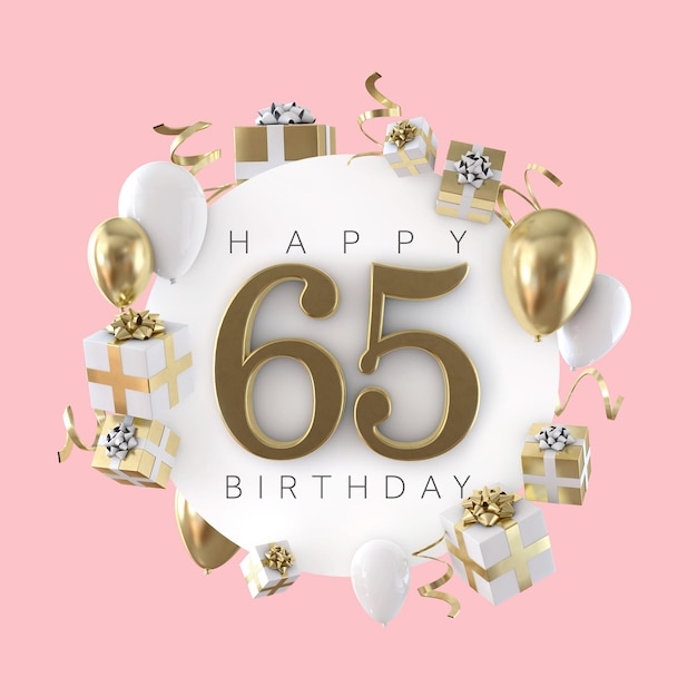 Happy 65th birthday party composition with balloons and presents 3D Render