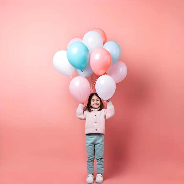 A happy 6yearold girl holds helium balloons with minimalism on a pink background high quality