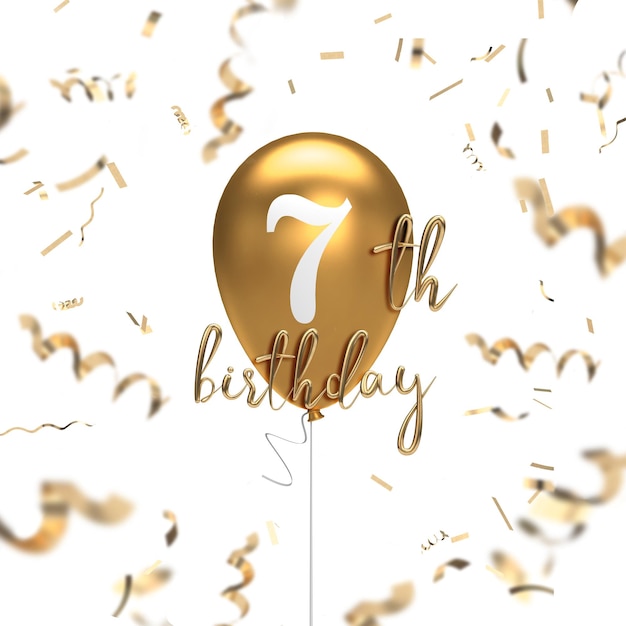 Happy 7th birthday gold balloon greeting background 3D Rendering