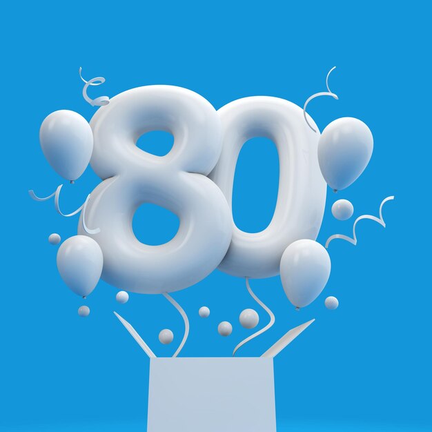 80번째 생일 축하 풍선 및 상자 3D 렌더링