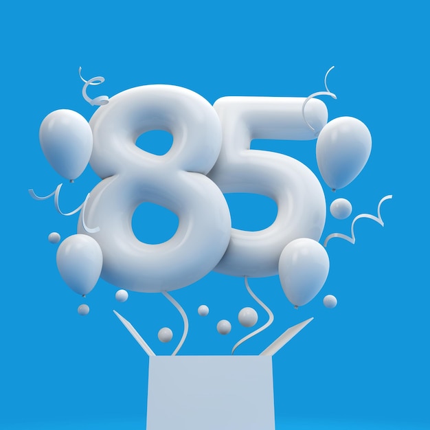 Felice 85esimo compleanno palloncino a sorpresa e scatola rendering 3d