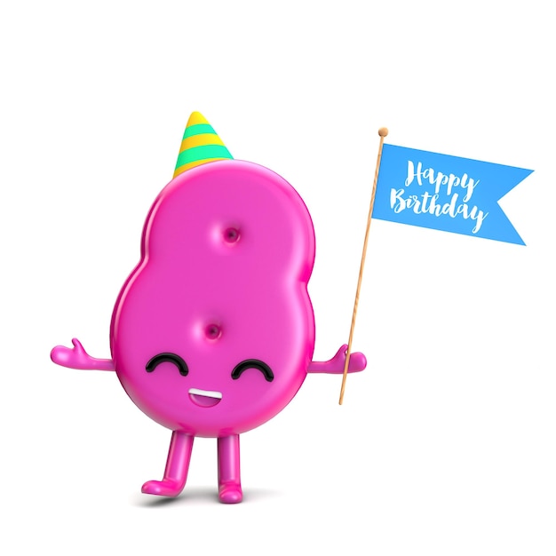 Photo happy 8th birthday cute party character with hat and flag 3d rendering