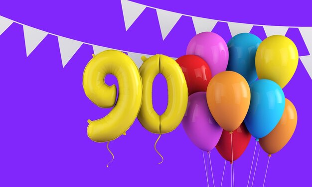 Happy 90th birthday colorful party balloons and bunting 3d render