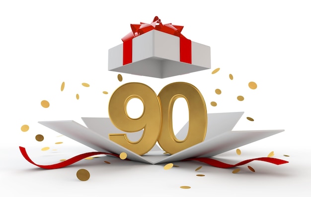 Buon 90° compleanno scatola a sorpresa in oro con nastro rosso rendering 3d