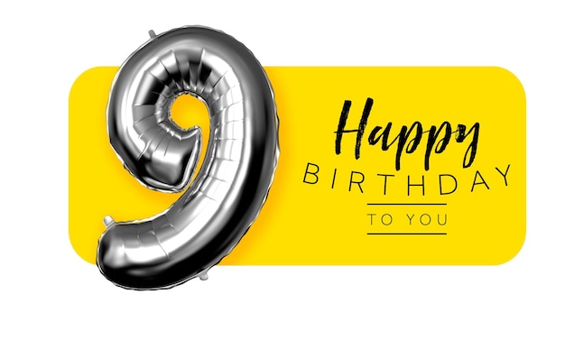 Happy 9th birthday yellow greeting background 3D Rendering
