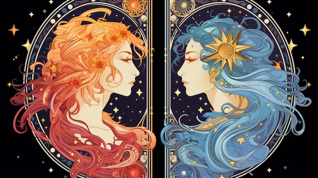 Happy abstract astral shape moon and sun art nouveau