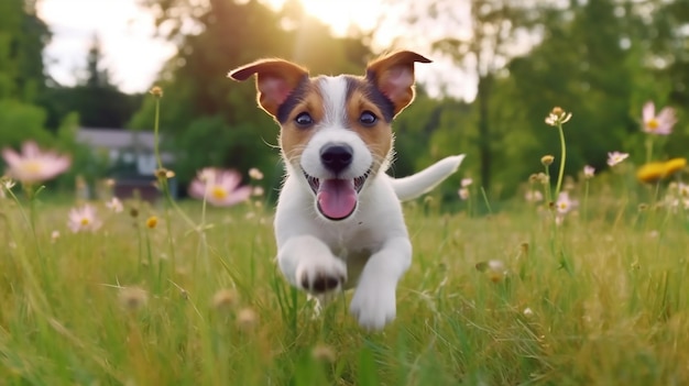 Happy active jack russell pet dog puppy running in the grass in summer web banner with copy space