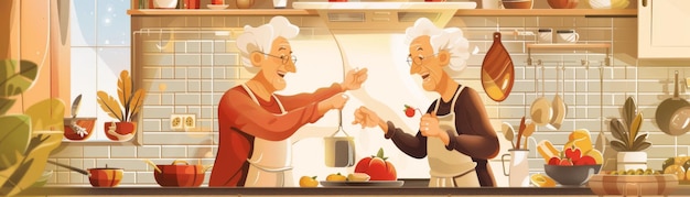 Фото Счастливые активные пожилые пары готовят вместе, наслаждаются романтической едой и танцуют на кухне.