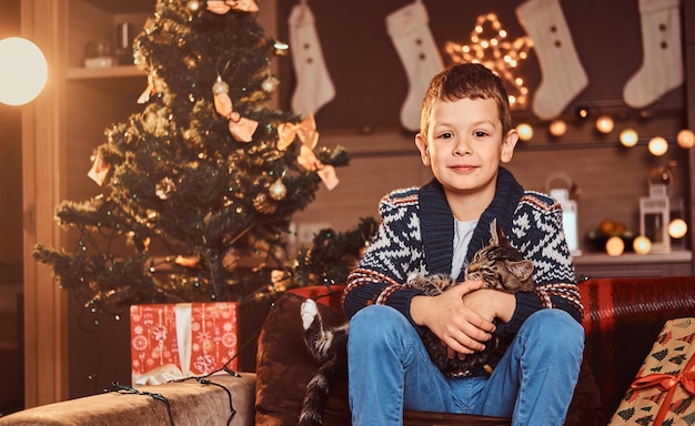 Happy adorable boy hugging his cat in hands while sitting on sofa in decorated room at Christmas time.