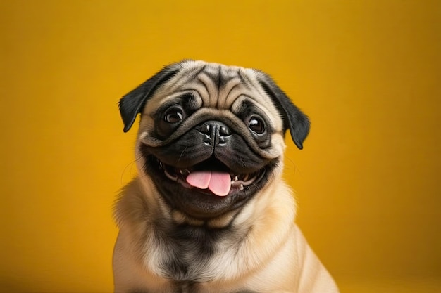 Happy Adorable Dog smile on yellow background Cute Puppy Pug breed happiness ready for summer