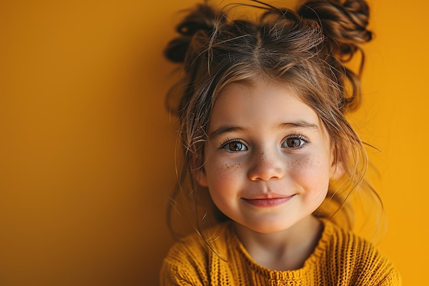 happy adorable little girl with freckles on yellow background closeup smiling face