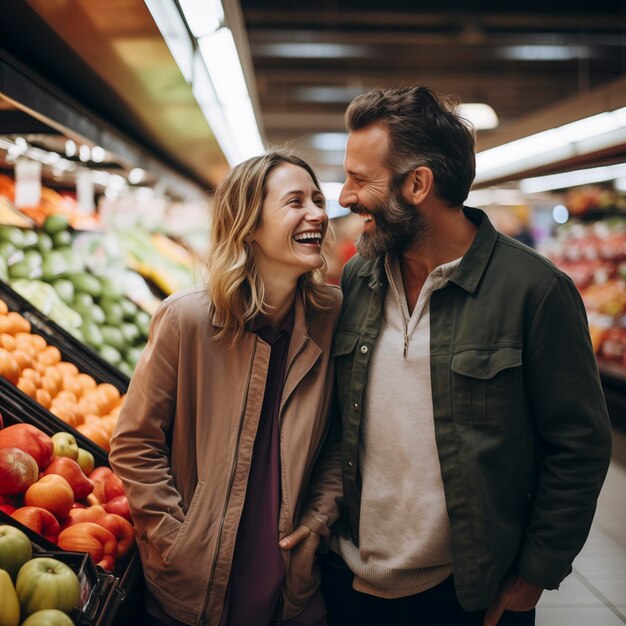 Photo happy adult couple walking inside supermarket or market in vegetables and fruits department area smiling and laughing together having fun choosing in the groceries people and house bills expenses