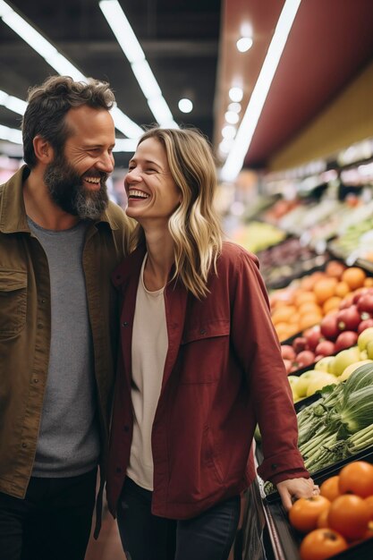 Photo happy adult couple walking inside supermarket or market in vegetables and fruits department area smiling and laughing together having fun choosing in the groceries people and house bills expenses