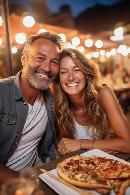 写真 イタリアの伝統的なピザ屋で一緒にピザを食べて楽しんでください 座って話し合い笑い 人々が食べ物と旅行のライフスタイルを楽しんでいます 観光