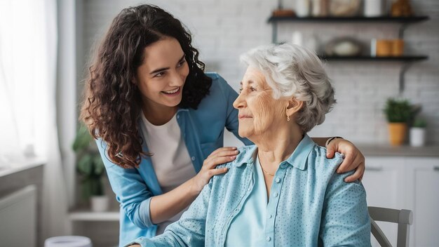 Happy adult daughter visiting elderly mother