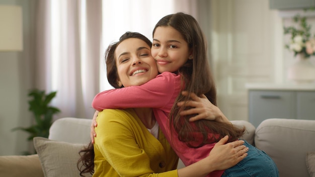 happy affectionate caucasian family woman loving female mother adult single parent cuddling
