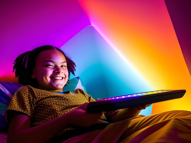 Happy african american afro girl looking at camera holding a gadget with colorful wall