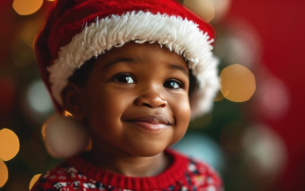 クリスマスの背景にサンタの帽子をかぶった幸せなアフリカ系アメリカ人の赤ちゃん