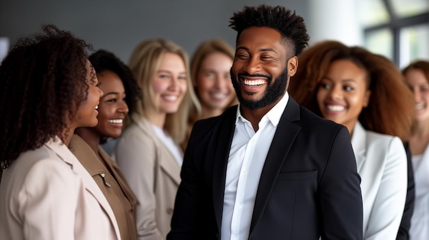 Счастливый афроамериканский бизнесмен перед бизнес-командой