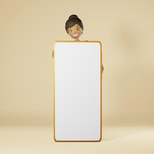 Happy African American character girl peeks out from big smartphone mockup beige background 3D rendering app design