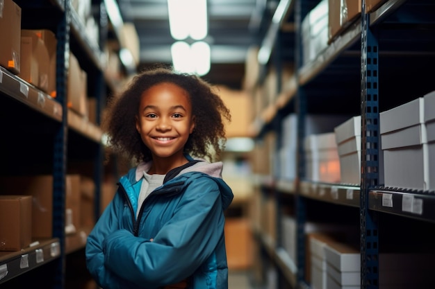 happy african american child girl worker on the background of shelves with boxes in the warehouse