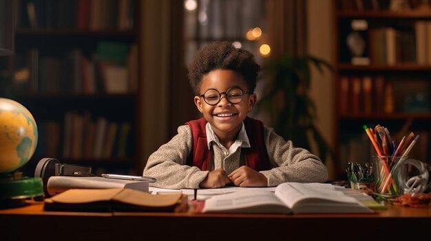 Photo happy african american child school boy doing homework while sitting at desk at home