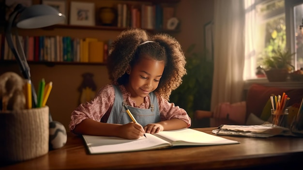 Photo happy african american child school girl doing homework while sitting at desk at home