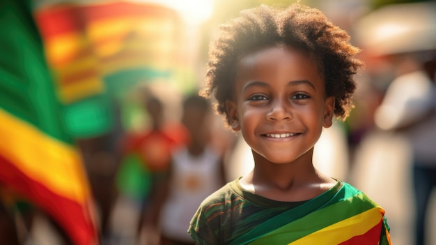 Foto felici bambini afroamericani che tengono una bandiera rossa, verde e gialla che simboleggia la libertà e