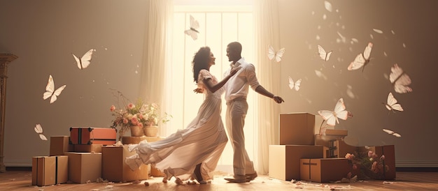 Happy African American couple dancing with boxes celebrating move smiling and holding hands