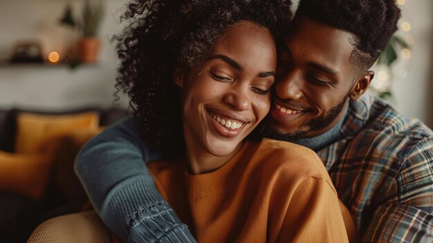 Happy african american couple hugging while sitting on sofa at home