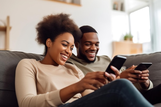 Happy african american couple texting messaging on smartphone Generative ai