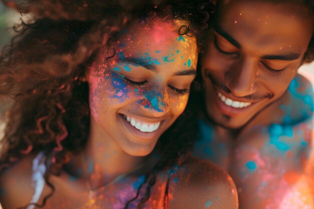 Happy african american couple at traditional holi festival Young people celebrating color festival