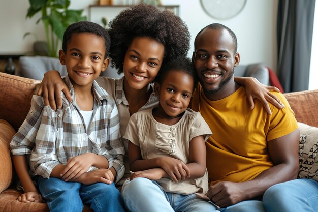 Photo happy african american family posing on the couch together at home in the living room