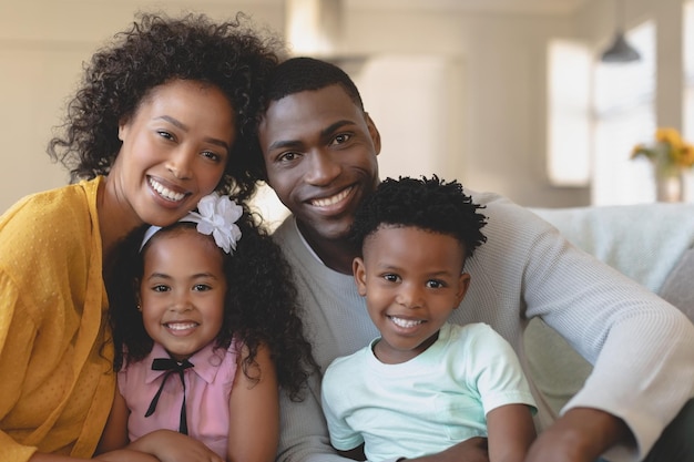Photo happy african american family sitting on sofa and looking at