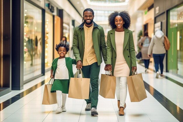 Happy African American family in a store with purchases Family in green clothes