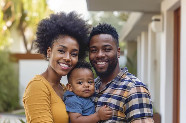 Happy African American family in thirties in front of their new home Concept of renting or mortgage