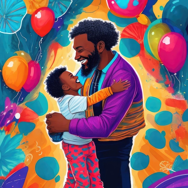 Happy African American father and son having fun together with balloons