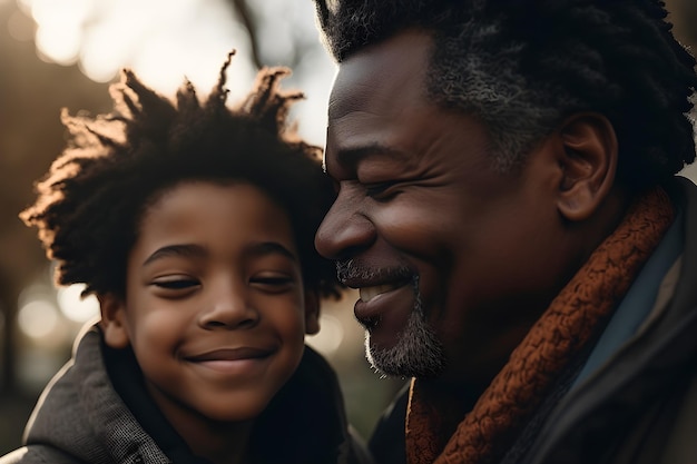 Happy African american father and son looking at each other in the park Generative AI