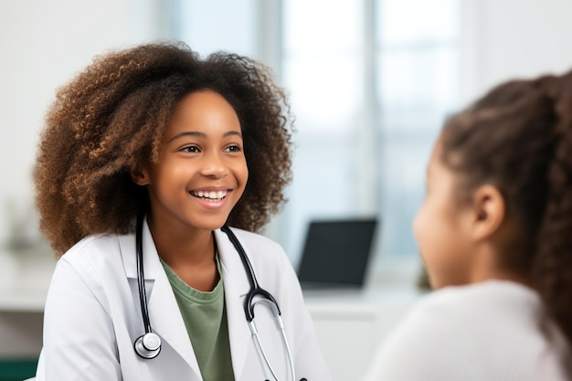 Happy African American female doctor talking to girl patient at hospital