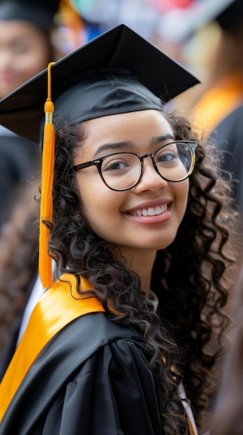 Happy African American female graduate glasses and yellow stole at graduation day