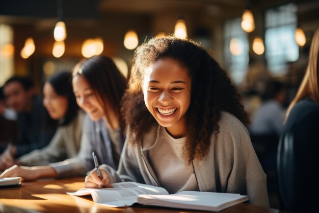 幸せなアフリカ系アメリカ人の女性学生が図書館で勉強しています