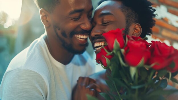 Happy African American gay couple hugging with bouquet flowers Engagement celebration Generative AI